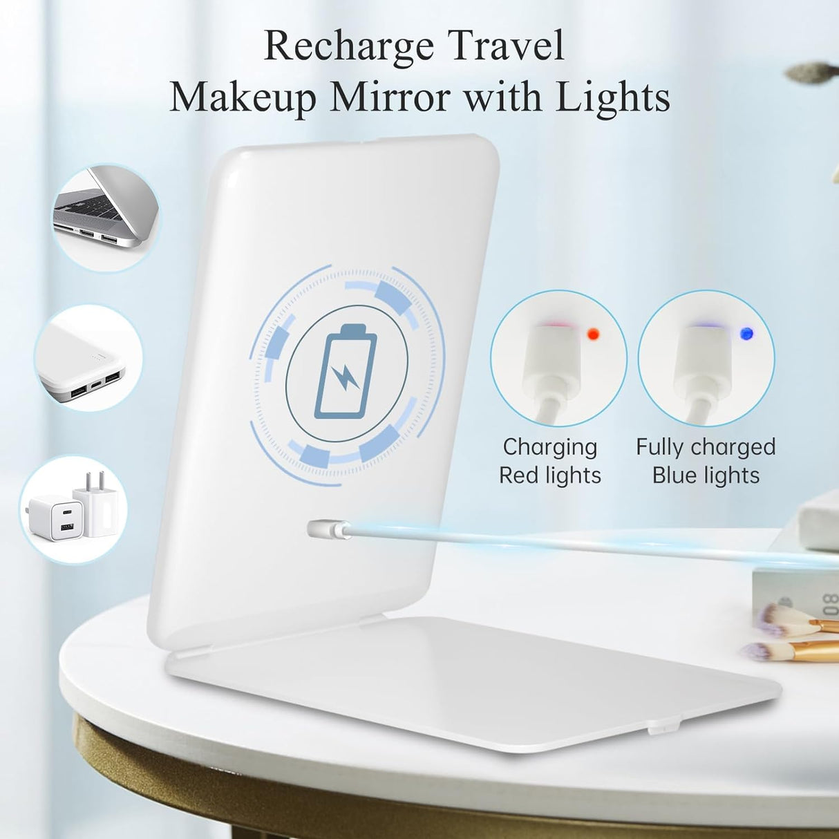 Rechargeable Travel Makeup Mirror With Dimmable LED Light Touch Screen