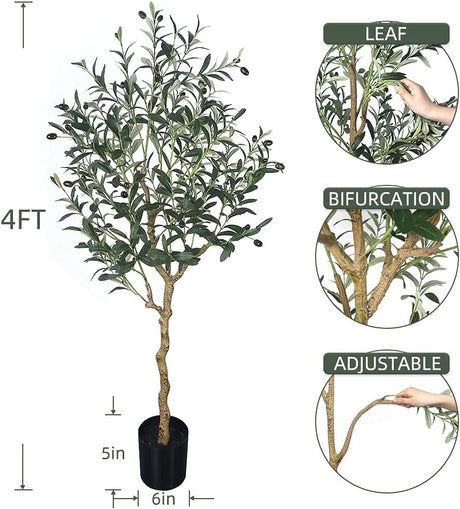 Artificial Olive Tree Tall Fake Potted Olive Silk Tree with Planter Large Faux Olive Branches and Fruits Artificial Tree for Modern Home Office Living Room Floor Decor Indoor (4FT)